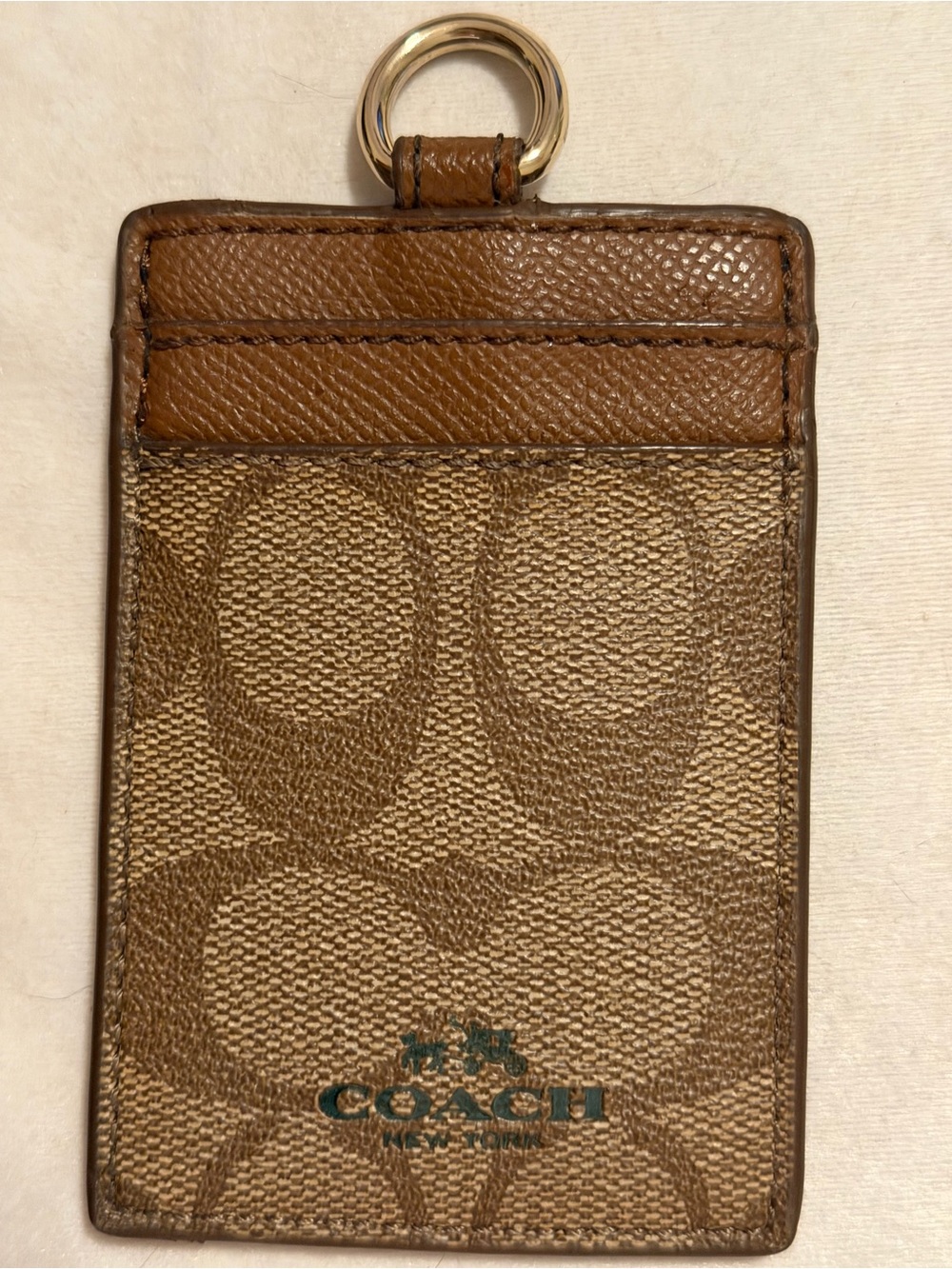 Coach Signature Khaki Saddle ID Badge Holder Lanyard Card NWT MSRP $65